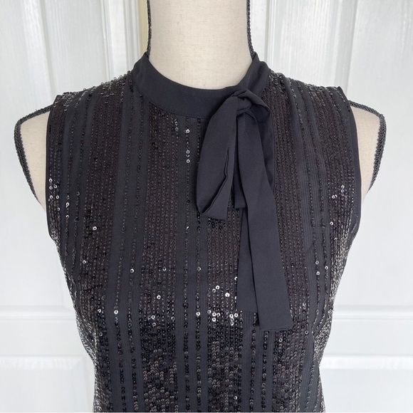 CeCe Size XS Black Sequin Layered Bow Tie Neck Sleeveless Cocktail Dress - Picture 3 of 16